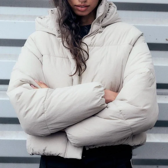 ZARA WATER-REPELLENT PUFFER ANORAK - Ecru Winter Jacket - Picture 4 of 10